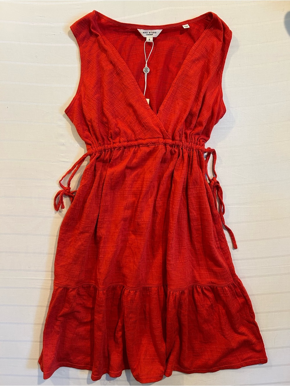 Max Studio London Red Orange Sleeveless Drawstring Waist Dress with Pockets